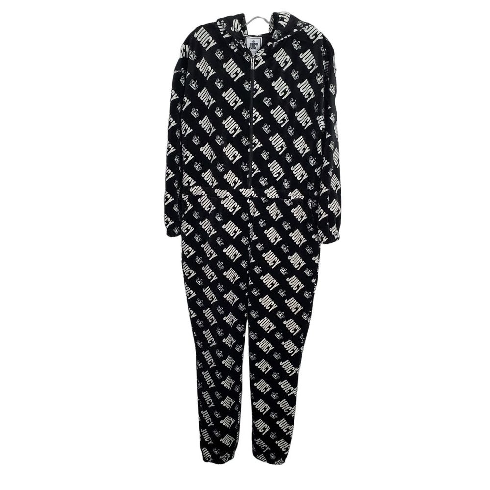 Juicy Couture Size L Jumpsuit Hoodie Velour Jogger Zip Up Pockets Logo Print Y2K - Picture 1 of 15